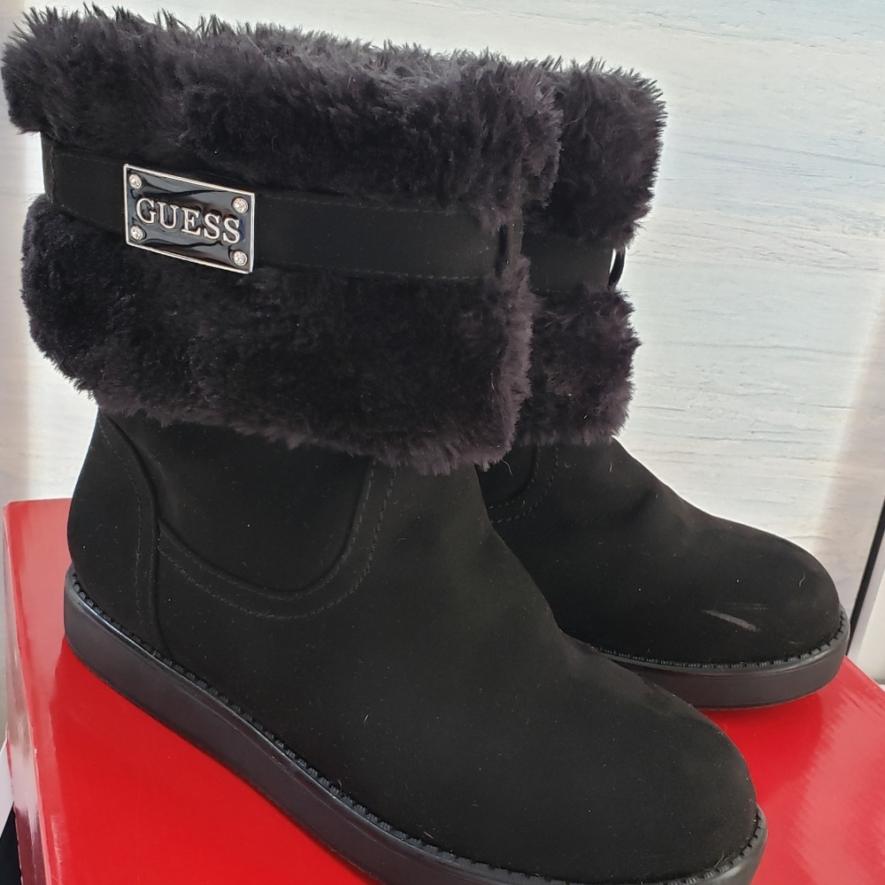 GUESS Arnie Black Fur Ankle Boots